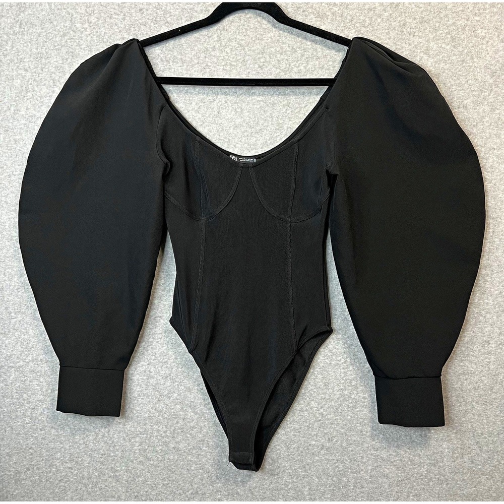 Zara Black Bodysuit L Dramatic Balloon Puff Sleeve Corset Bust Statement Top 68